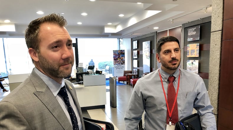 GBI agents Rocky Bigham, left, and Clinton Thomas interviewed AJC reporters Stephen Deere and Dan Klepal on March 16, 2018 concerning the city of Atlanta’s conduct in responding to open records requests. J. SCOTT TRUBEY / STRUBEY@AJC.COM.