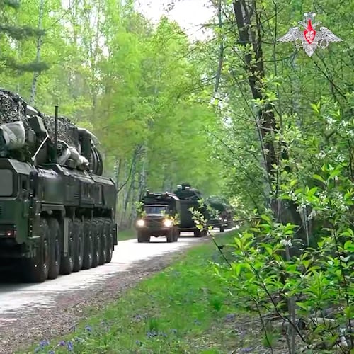In this image made from video provided by Russian Defense Ministry Press Service on Thursday, May 21, 2026, A Yars intercontinental ballistic missile is seen during drills of Russia's nuclear forces in Belarus. (Russian Defense Ministry Press Service via AP)