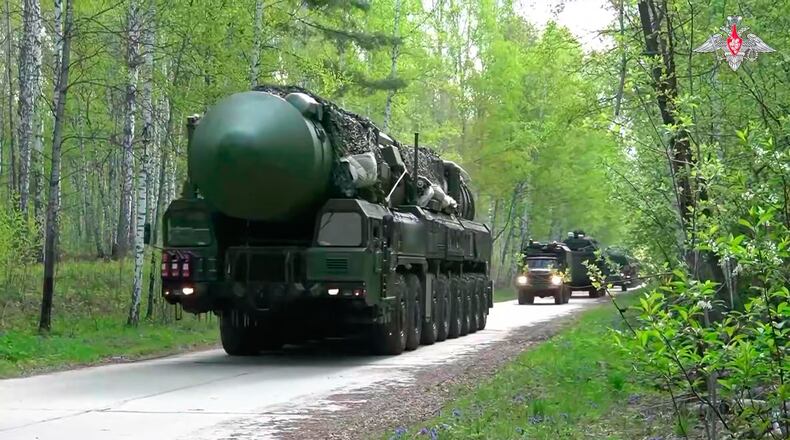 In this image made from video provided by Russian Defense Ministry Press Service on Thursday, May 21, 2026, A Yars intercontinental ballistic missile is seen during drills of Russia's nuclear forces in Belarus. (Russian Defense Ministry Press Service via AP)