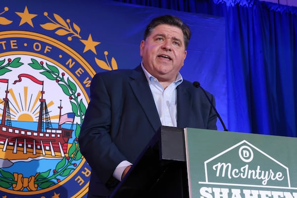 Illinois Gov. JB Pritzker speaks during the McIntyre-Shaheen 100 Club Dinner, Sunday April 27, 2025, in Manchester, N.H. (AP Photo/Reba Saldanha)