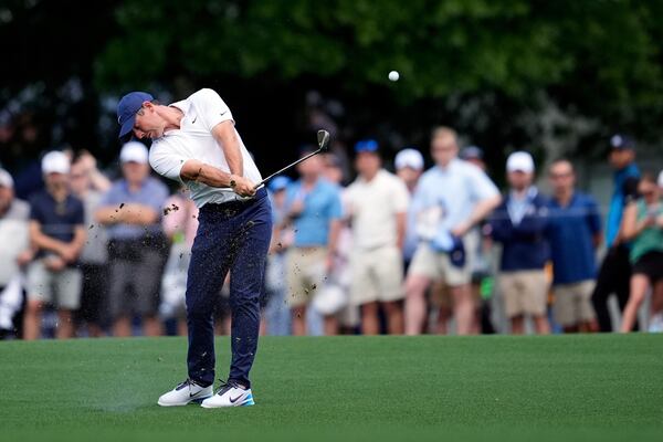 Rory McIlroy, of Northern Ireland, hits from the fairway on the first hole during a practice round for the PGA Championship golf tournament at the Quail Hollow Club, Tuesday, May 13, 2025, in Charlotte, N.C. (AP Photo/George Walker IV)