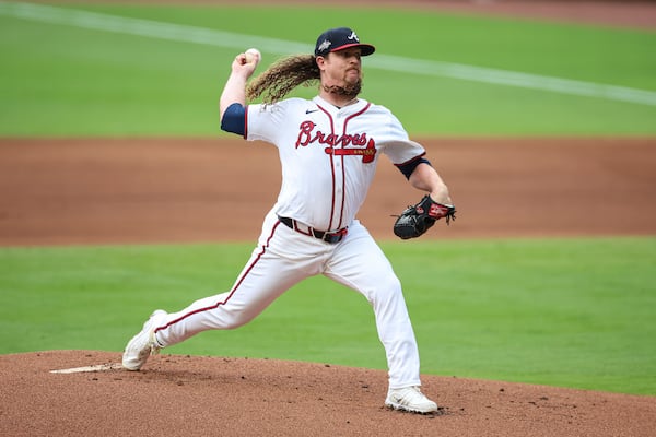 Atlanta Braves pitcher Grant Holmes delivers in the first inning of a baseball game against the Los Angeles Angels, Tuesday, July 1, 2025, in Atlanta. (AP Photo/Colin Hubbard)