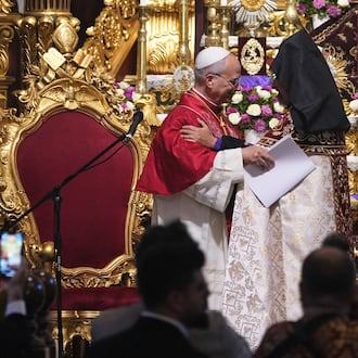 Pope Leo XIV and the Armenian Patriarch of Constantinople Archbishop Sahag II Mashalian celebrate a liturgy in the Armenian Apostolic Cathedral of Istanbul, Turkey, Sunday, Nov. 30, 2025. (AP Photo/Domenico Stinellis)