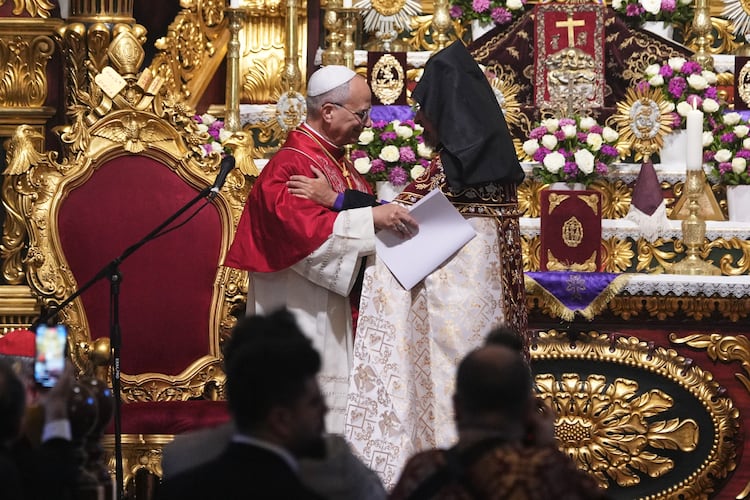 Pope Leo XIV and the Armenian Patriarch of Constantinople Archbishop Sahag II Mashalian celebrate a liturgy in the Armenian Apostolic Cathedral of Istanbul, Turkey, Sunday, Nov. 30, 2025. (AP Photo/Domenico Stinellis)