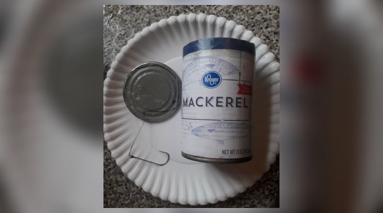 A man said a can of Kroger-brand mackerel that he bought in Gwinnett County contained a fish hook.