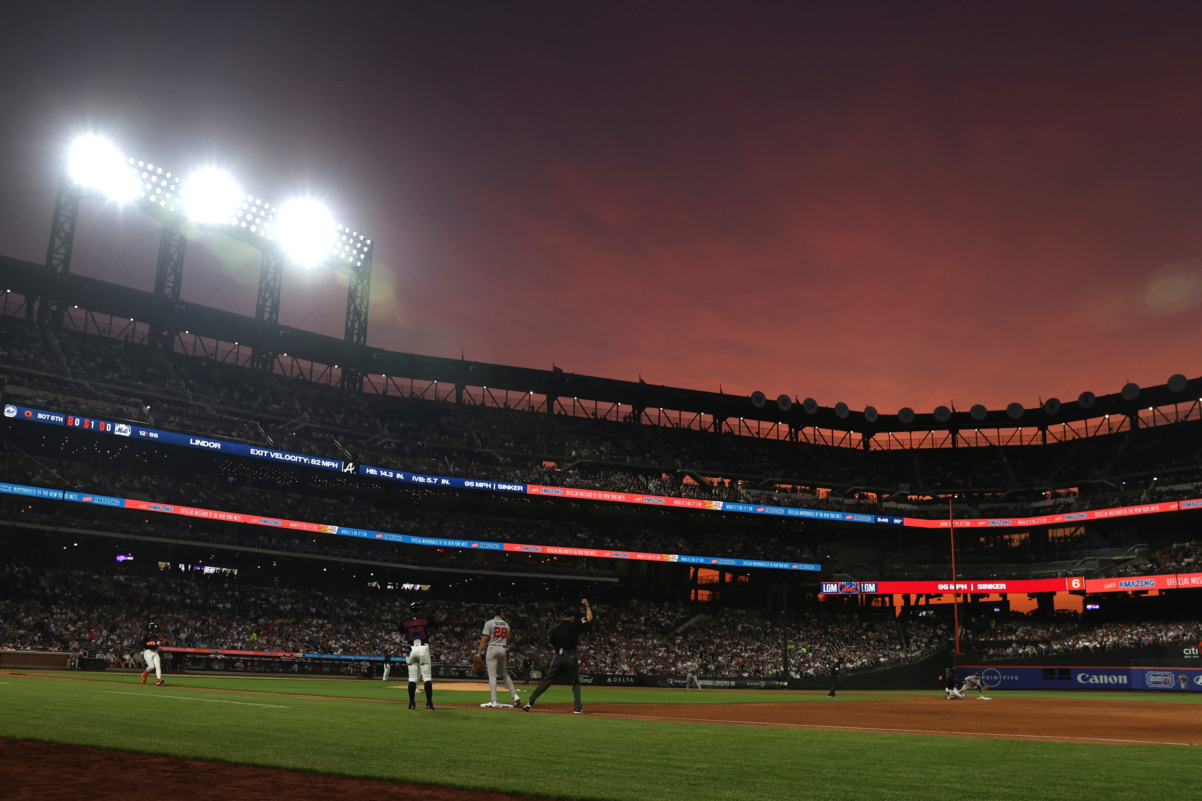 The New York Mets' Brett Baty (background second from right) is tagged out at second base by Atlanta Braves' shortstop Nick Allen (background right) on a double play Monday, June 23, 2025, in New York. (Pamela Smith/AP)