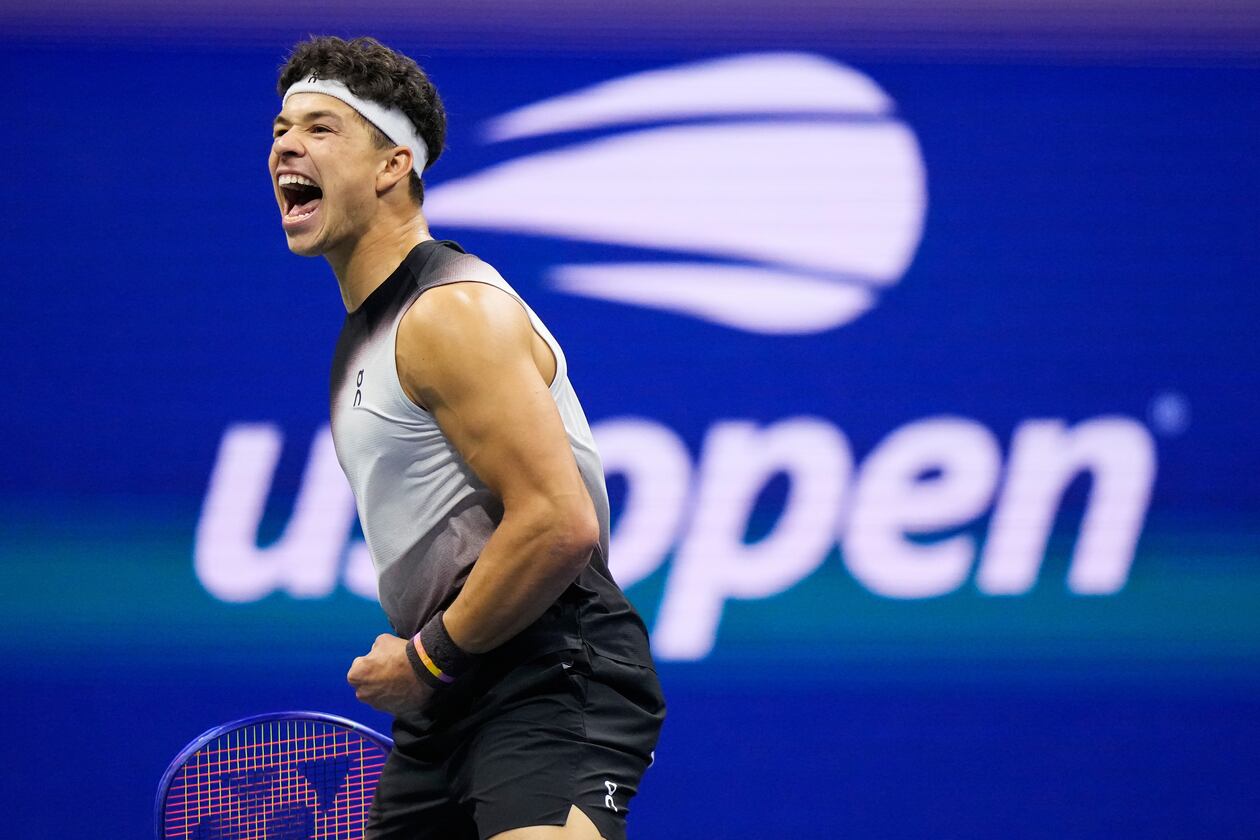 Ben Shelton reacts during the second set of the men's singles semifinals at the U.S. Open tennis championships against Frances Tiafoe on Friday, Sept. 11, 2026, in New York. (Frank Franklin II/AP)
