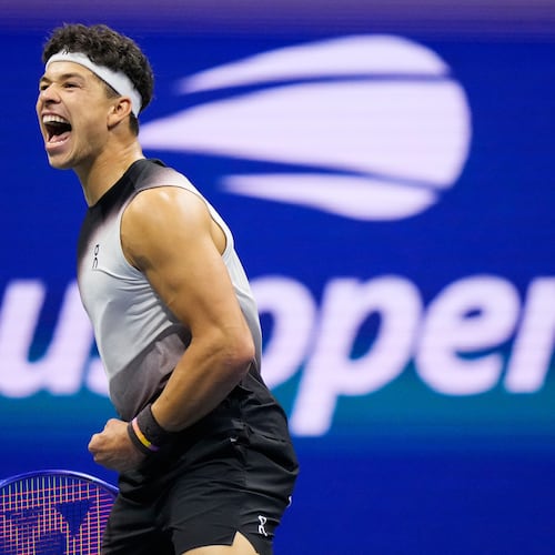 Ben Shelton reacts during the second set of the men's singles semifinals at the U.S. Open tennis championships against Frances Tiafoe on Friday, Sept. 11, 2026, in New York. (Frank Franklin II/AP)