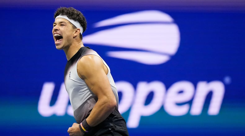 Ben Shelton reacts during the second set of the men's singles semifinals at the U.S. Open tennis championships against Frances Tiafoe on Friday, Sept. 11, 2026, in New York. (Frank Franklin II/AP)
