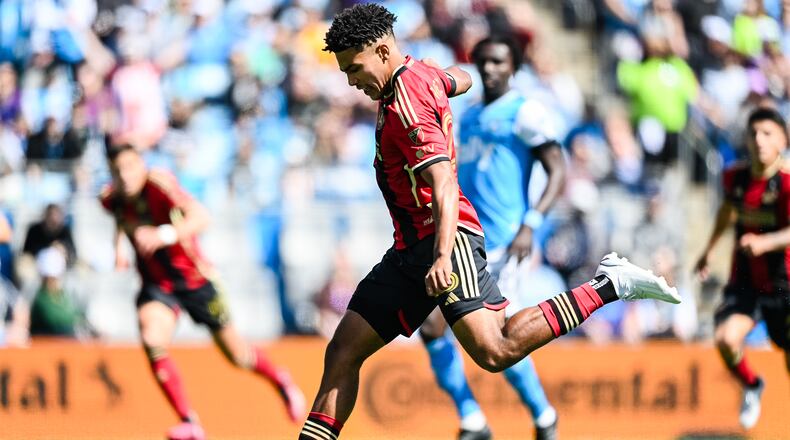 Atlanta United defender Caleb Wiley #26 kicks the ball during the first half of the match against Charlotte FC at Bank of America Stadium in Charlotte, NC on Saturday March 11, 2023. (Photo by Mitchell Martin/Atlanta United)