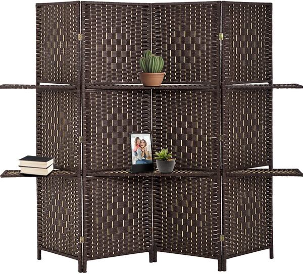 This wood, foldable room divider has removable shelves.