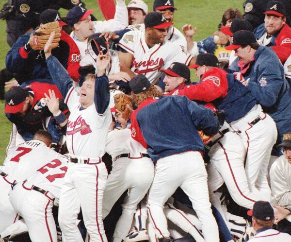 OCTOBER 28, 1995 ATLANTA Braves celebrate after their win in Game 6 of the 1995 World Series in Atlanta. (David Tulis / AJC STAFF)