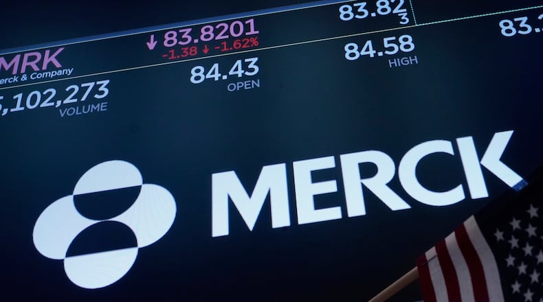 FILE - The logo for Merck appears above a trading post on the floor of the New York Stock Exchange, Thursday, May 1, 2025. (AP Photo/Richard Drew, File)