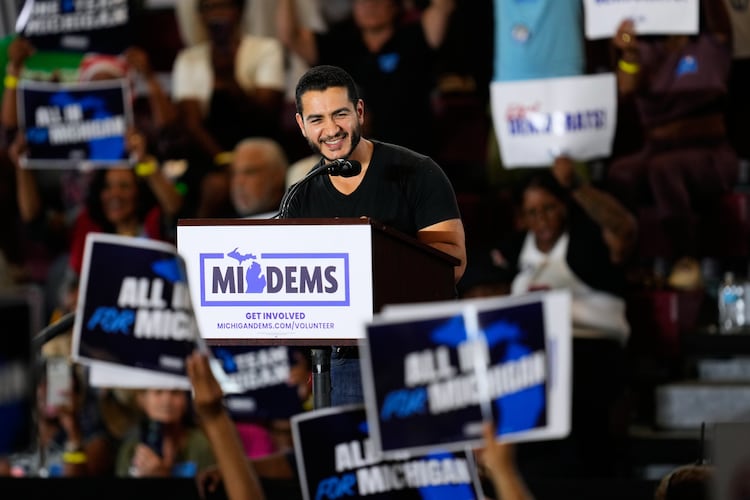 Dr. Abdul El-Sayed, Democratic nominee for U.S. Senate, speaks at a General Election Kickoff Rally for Michigan Democrats on Friday, Aug. 7, 2026, in Detroit. El-Sayed, a progressive, won Aug. 4 over moderate U.S. Rep. Haley Stevens to advance to November's general election. (Paul Sancya/AP)