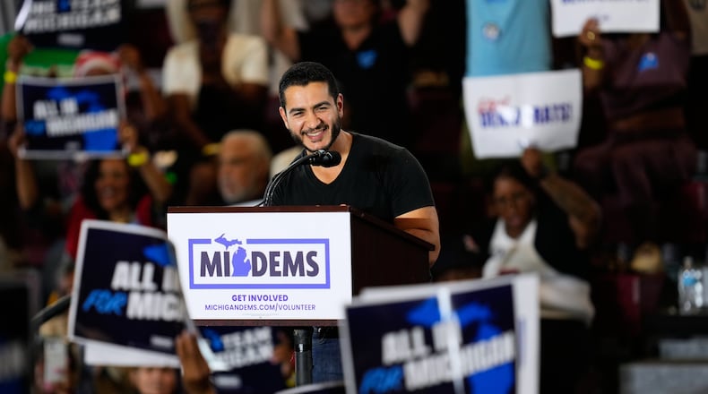 Democratic nominee for U.S. Senate Abdul El-Sayed Speaks at a General Election Kickoff Rally for Michigan Demcrats at Renaissance High School Friday, Aug. 7, 2026, in Detroit. (AP Photo/Paul Sancya)