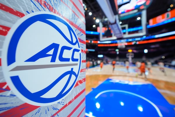 FILE - An ACC logo is displayed on the stanchion at the Atlantic Coast Conference basketball tournament March 11, 2024, in Washington. (AP Photo/Alex Brandon, File)