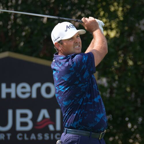 Patrick Reed of the United States tees off at 2nd hole during the third round of the Dubai Desert Classic in United Arab Emirates, Saturday, Jan. 24, 2026. (AP Photo/Altaf Qadri)