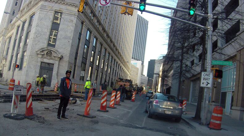 Construction along Edgewood Ave at Peachtree Center Ave in 2014. Lanes will be closed at the intersection for more work in April 2018.