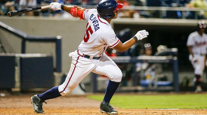 Hector Olivera continues to get ready for his major-league debut, playing with the Triple-A Gwinnett Braves. Acquired in a trade with the Dodgers, he has been rehabbing a sore hamstring. (Photo courtesy of Andrew Snook/Gwinnett Braves)