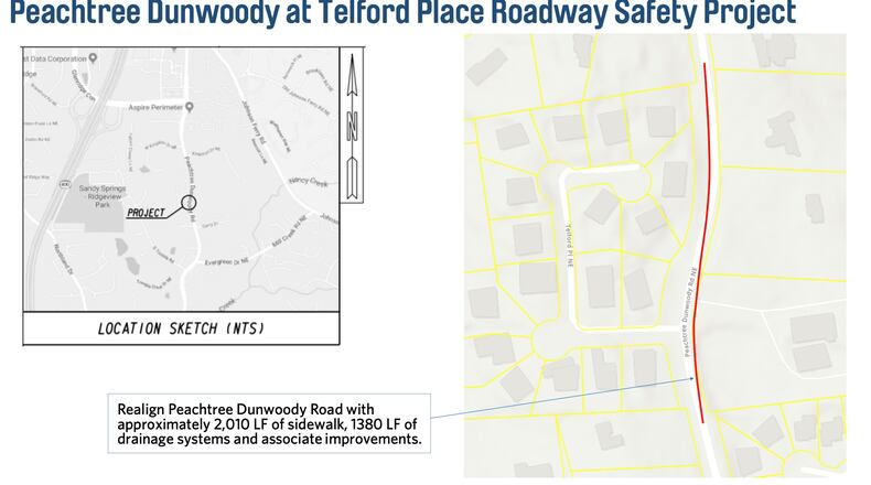 Sandy Springs has redesigned the existing roadway and drainage to reduce accidents along Peachtree Dunwoody Road at the intersection Telford Place. (Courtesy City of Sandy Springs)