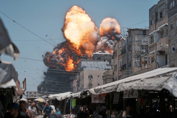 Thick smoke and flames erupt from an Israeli airstrike in Gaza City, Sunday, June 1, 2025. (AP Photo/Jehad Alshrafi)