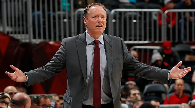 Mike Budenholzer of the Atlanta Hawks reacts to a call during the game against the Charlotte Hornets at Philips Arena on January 31, 2018 in Atlanta, Georgia. (Photo by Kevin C. Cox/Getty Images)
