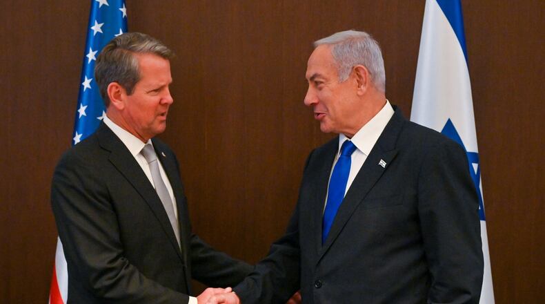Gov. Brian Kemp and Israeli Prime Minister Benjamin Netanyahu meet in the Israeli leader's Jerusalem office on Sunday, May 21, 2023. (Israel GPO/Kobi Gideon)