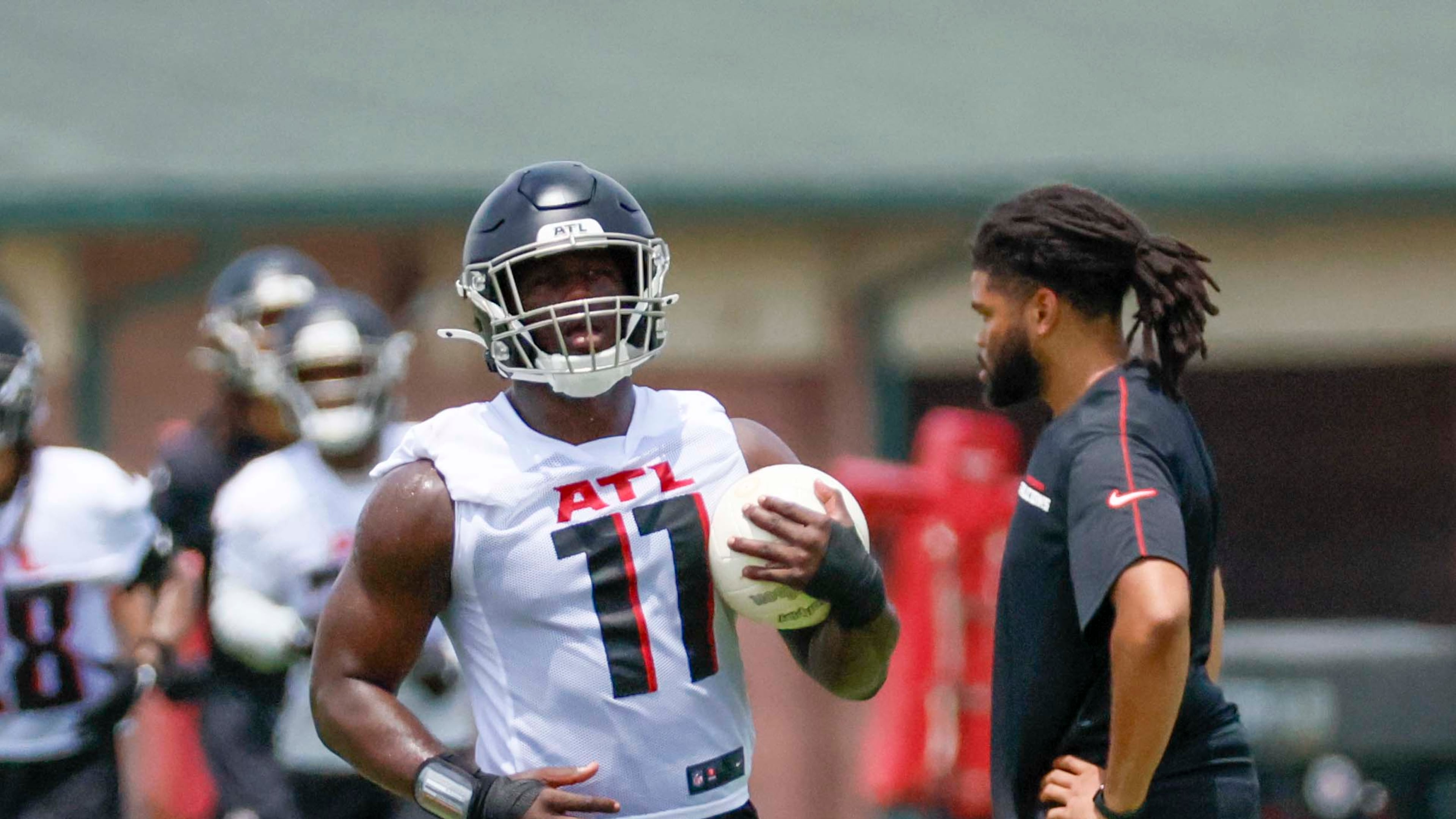 Atlanta Falcons linebacker Jalon Walker participates in a drill during minicamp at the Atlanta Falcons Training Facility on Wednesday, June 11, 2025, in Flowery Branch. (Miguel Martinez/AJC)