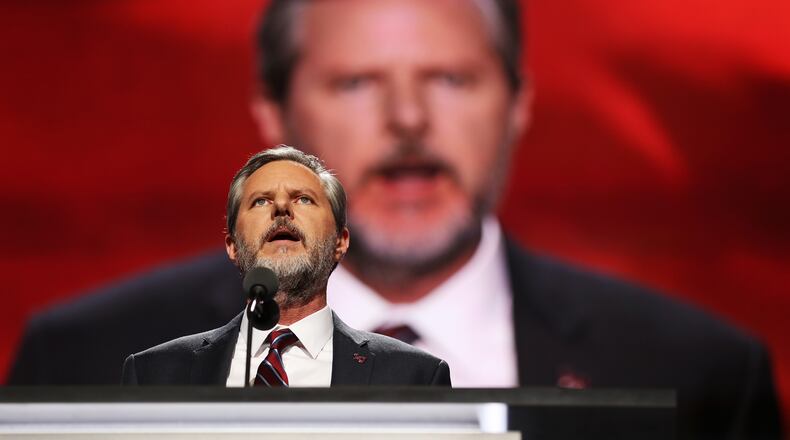 Jerry Falwell Jr., president of Liberty University, delivers a speech during the evening session on the fourth day of the Republican National Convention on Thursday at the Quicken Loans Arena in Cleveland. John Moore/Getty Images