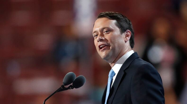 Former Georgia State Senator Jason Carter speaks during the second day of the Democratic National Convention in Philadelphia , Tuesday, July 26, 2016. (AP Photo/Paul Sancya)