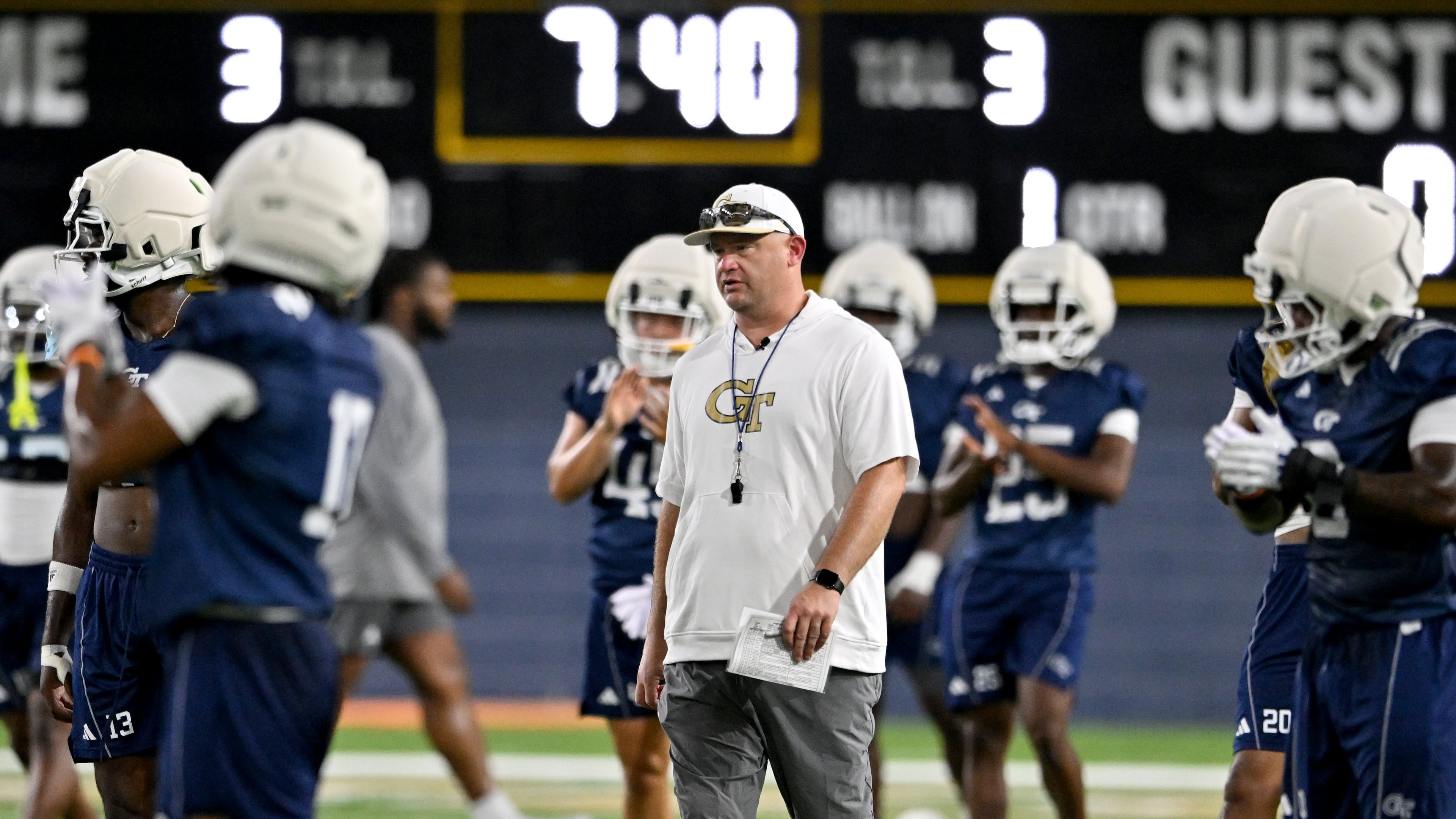 Georgia Tech head coach Brent Key attends the first day of football practice at Rose Bowl Field and the John and Mary Brock Football Practice Facility on Tuesday, July 29, 2025, in Atlanta. Oddsmakers are bullish on the Jackets this season. (Hyosub Shin/AJC)