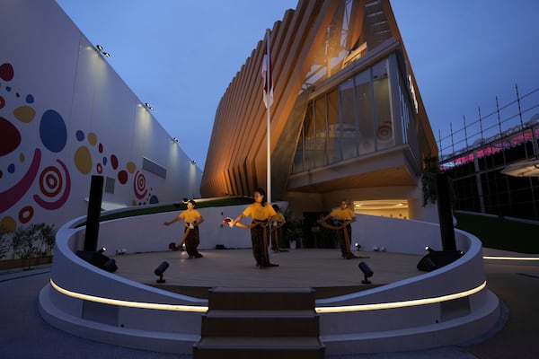 Dancers practice in preparation for Indonesia's pavilion the day before the opening of the Expo 2025 in Osaka, central Japan, Saturday, April 12, 2025. (AP Photo/Hiro Komae)