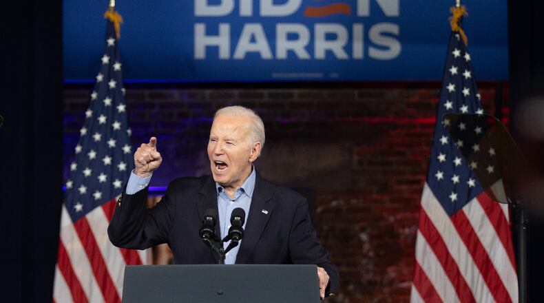 President Joe Biden talks at a rally at Pullman Yard on Saturday evening in Atlanta, March 9, 2024. (Steve Schaefer steve.schaefer@ajc.com)