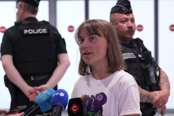 Activist Greta Thunberg arrives from Israel at Charles de Gaulle airport Tuesday, June 10, 2025, north of Paris. (AP Photo/Michel Euler)