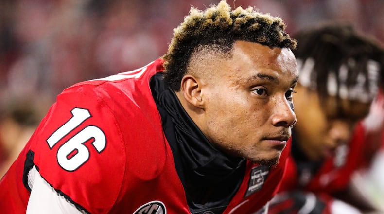 Georgia wide receiver Demetris Robertson (16) during a game against Auburn Saturday, Oct. 3, 2020, on Dooley Field at Sanford Stadium in Athens. (Tony Walsh/UGA Sports)