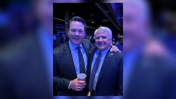 Lt. Gov. Burt Jones (left) and House Speaker Jon Burns attended Gov. Brian Kemp's bill signing ceremony on Tuesday.
