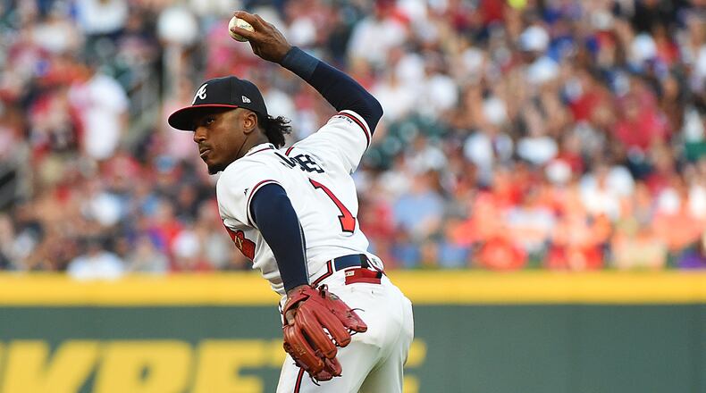 Braves shortstop Ozzie Albies fields a ball against the Philadelphia Phillies June 15, 2019, at SunTrust Park in Atlanta.