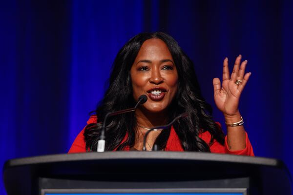 Democratic State Rep. Tanya Miller speaks at the Democratic Party of Georgia state convention in Savannah, Ga. on Aug. 1, 2026. (Arvin Temkar/AJC)