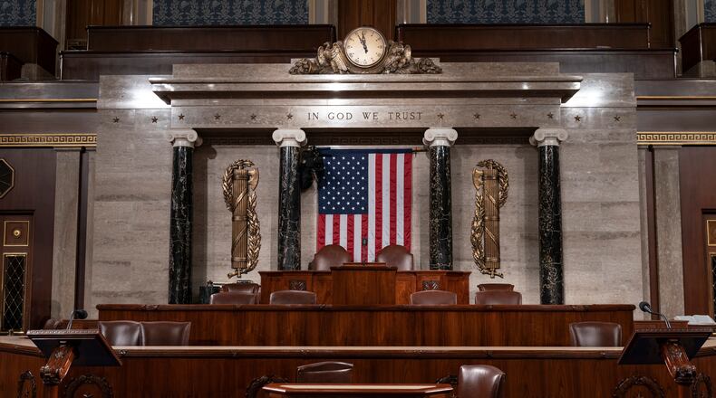 The chamber of the House of Representatives is seen at the Capitol in Washington, Monday, Feb. 3, 2020, as it is prepared for President Donald Trump to give his State of the Union address Tuesday night. (AP Photo/J. Scott Applewhite)