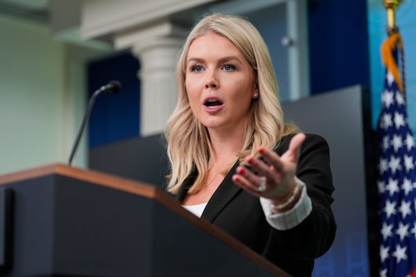 White House press secretary Karoline Leavitt speaks with reporters in the James Brady Press Briefing Room at the White House, Monday, July 7, 2025, in Washington. (AP Photo/Alex Brandon)