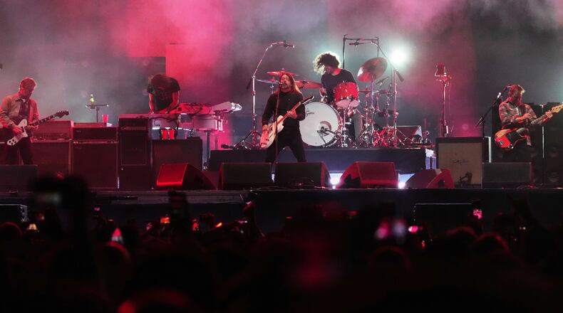 FILE - Dave Grohl from the band Foo Fighters performs during the Corona Capital music festival in Mexico City, Nov. 14, 2025. (AP Photo/Eduardo Verdugo, File)
