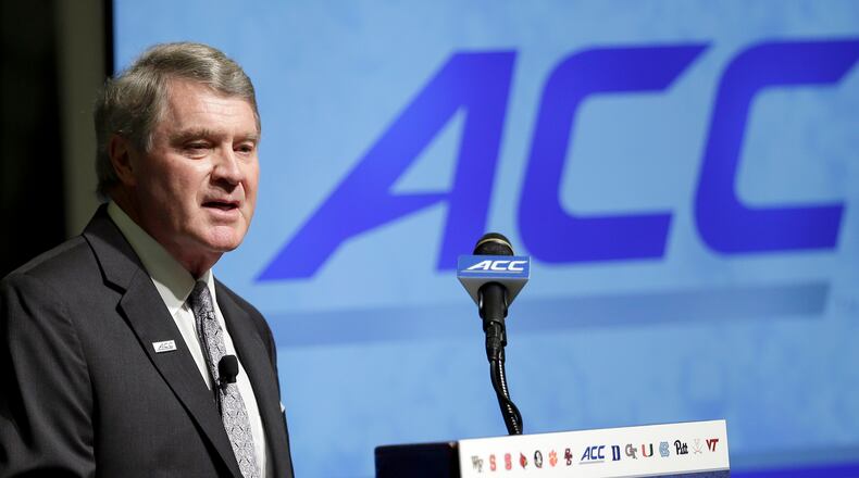 ACC commissioner John Swofford makes remarks during the ACC NCAA college football kickoff in Pinehurst, N.C. (AP photo)