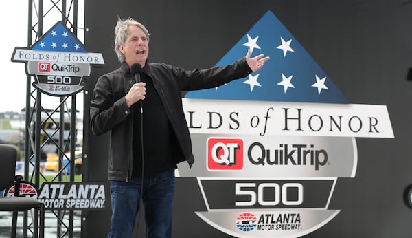 Jeff Foxworthy welcomes fans back to racing at the Atlanta Motor Speedway Folds of Honor QuikTrip 500 on Sunday, March 21, 2021, in Hampton. “I’m never going to announce I’m going to retire,” he says. (Curtis Compton/AJC 2021)