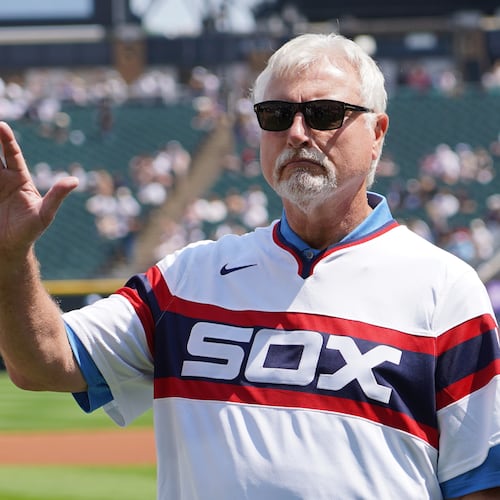 Former Chicago White Sox player Ron Kittle is honored with the 1983 White sox team before a baseball game between the Chicago White Sox and the Kansas City Royals Saturday, June 27, 2026, in Chicago. (AP Photo/David Banks)