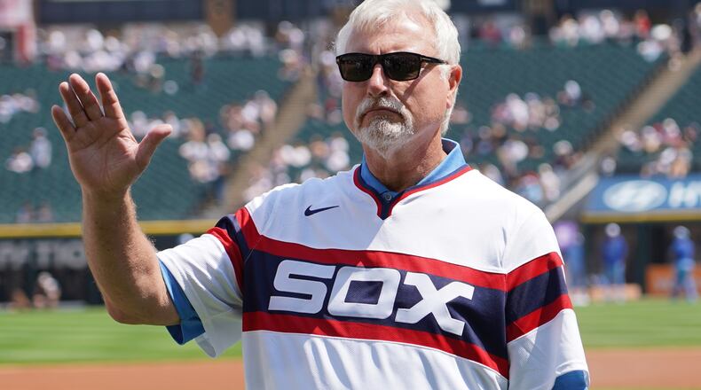 Former Chicago White Sox player Ron Kittle is honored with the 1983 White sox team before a baseball game between the Chicago White Sox and the Kansas City Royals Saturday, June 27, 2026, in Chicago. (AP Photo/David Banks)