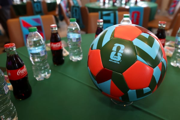 A FIFA World Cup soccer ball inscribed with "Atlanta" is shown at a promotional event earlier this year. (Jason Getz / AJC)