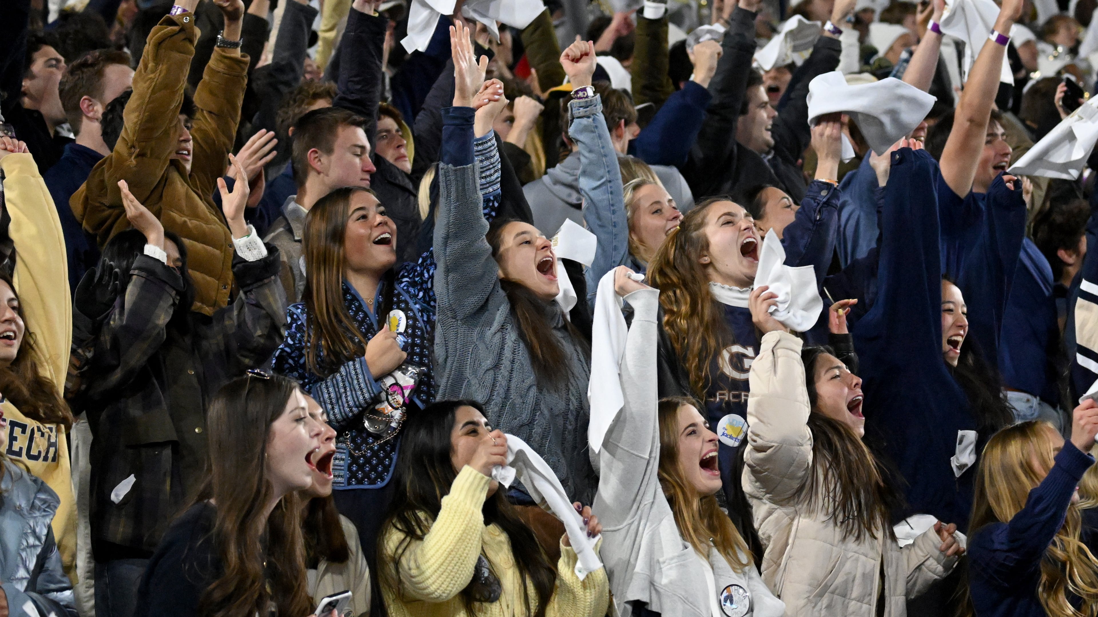 Georgia Tech fans react at the end of the fourth quarter during an NCAA college football game at Georgia Tech's Bobby Dodd Stadium, Thursday, Nov. 21, 2024, in Atlanta. (Hyosub Shin/AJC)