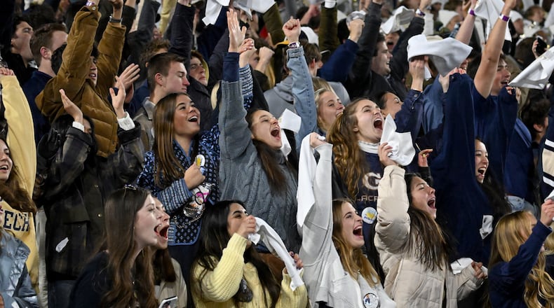 Georgia Tech fans react at the end of the fourth quarter during an NCAA college football game at Georgia Tech's Bobby Dodd Stadium, Thursday, November 21, 2024, in Atlanta. Georgia Tech won 30-29 over North Carolina State. (Hyosub Shin / AJC)