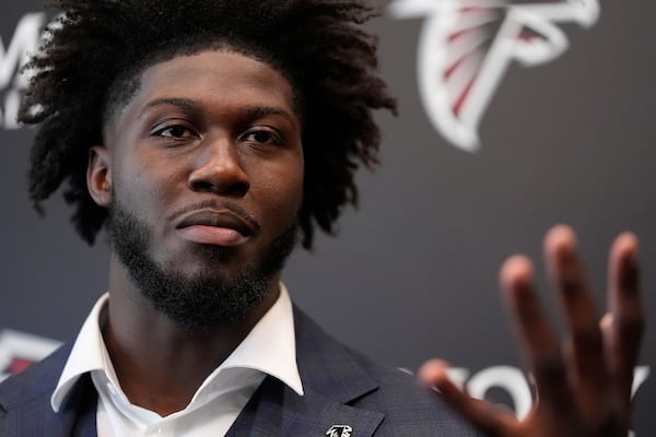 Atlanta Falcons first-round draft pick Jalon Walker speaks during a news conference, Friday, April 25, 2025, in Flowery Branch, Ga. (AP Photo/Brynn Anderson,)