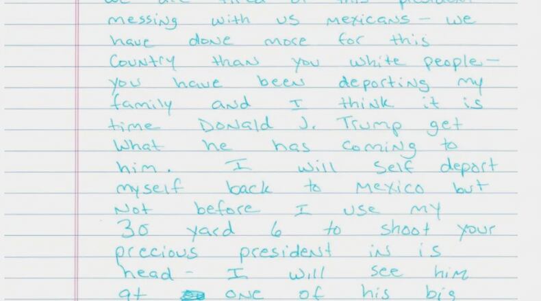FILE - This image provided by the Department of Homeland Security shows a handwritten letter that Homeland Security Secretary Kristi Noem claimed an immigrant threatened the life of President Donald Trump. (Department of Homeland Security via AP, File)